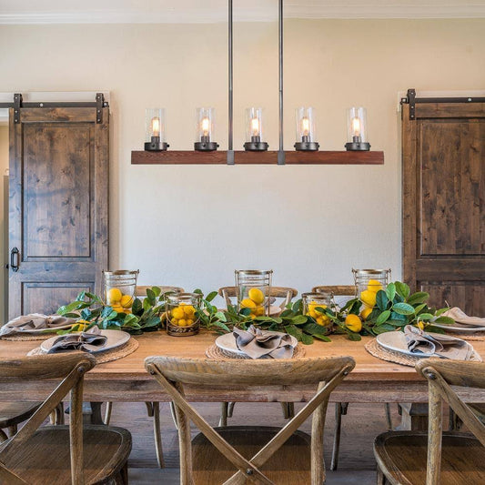 5-Light Kitchen Island Chandelier with Linear Real Solid Wood and Seeded Glass Shades A03347 | Chandeliers