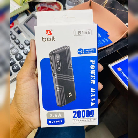 BOLT B154 20000mAh Power Bank featuring dual USB output, sleek design, and premium battery build for fast charging