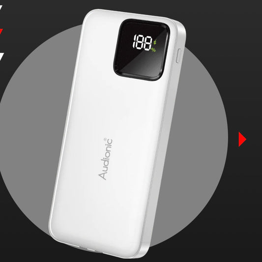 Benz Icon 10000mAh Power Bank with LED display, 4 output ports, 2 input options, and fast charging portable design